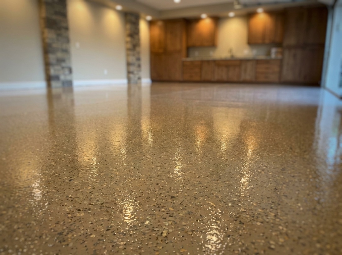 Finished high-gloss custom flake epoxy garage floor