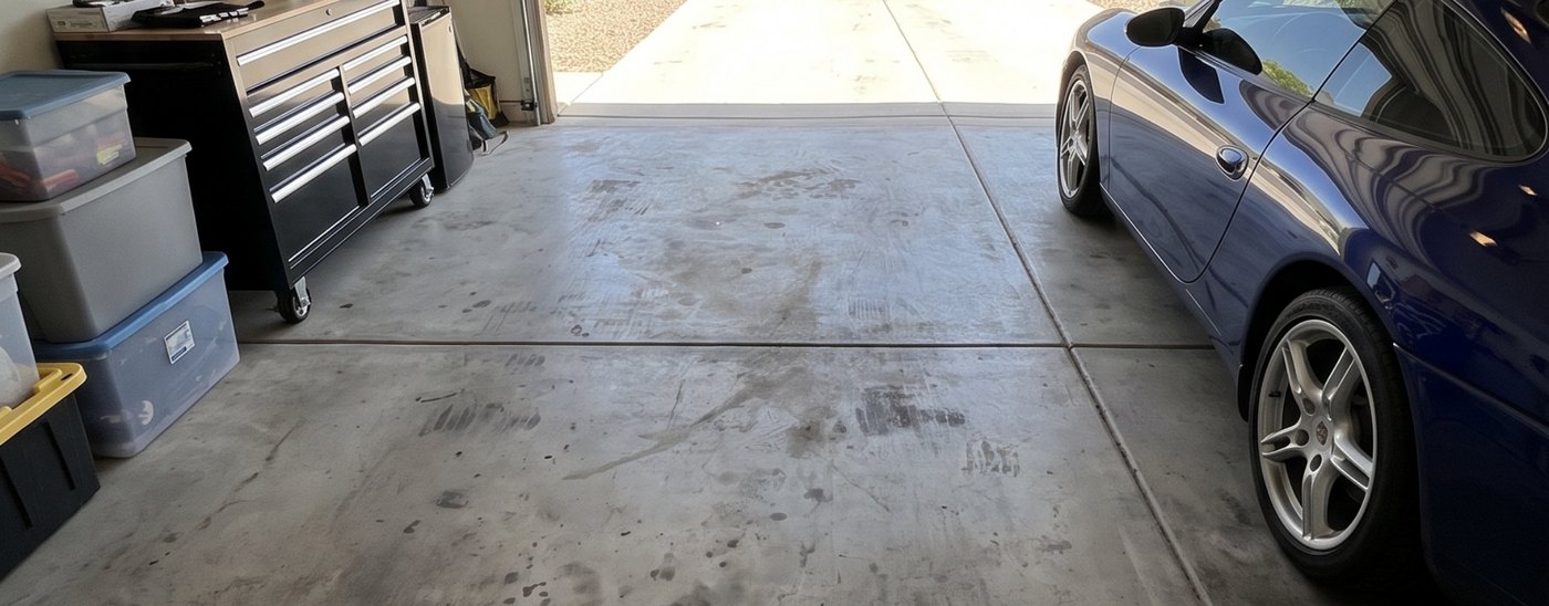 Garage with stained bare concrete floor before coating