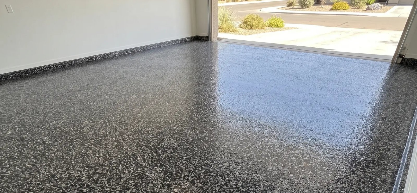 Glossy carbon epoxy flake garage floor