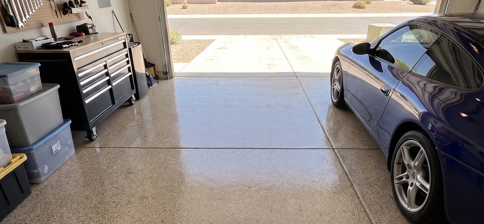 Sand Dollar epoxy flake floor with a sports car parked on it