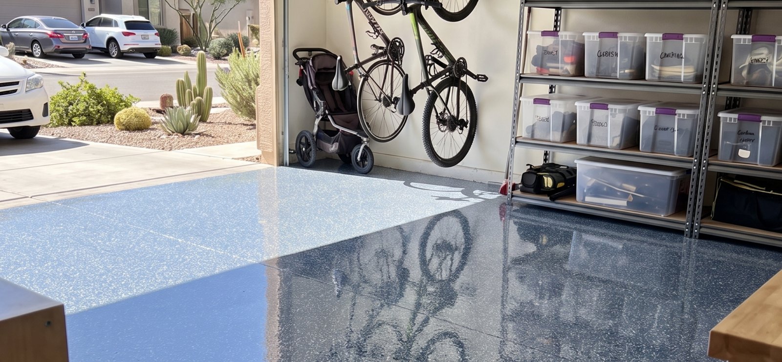 Orbit epoxy flake floor in a family garage