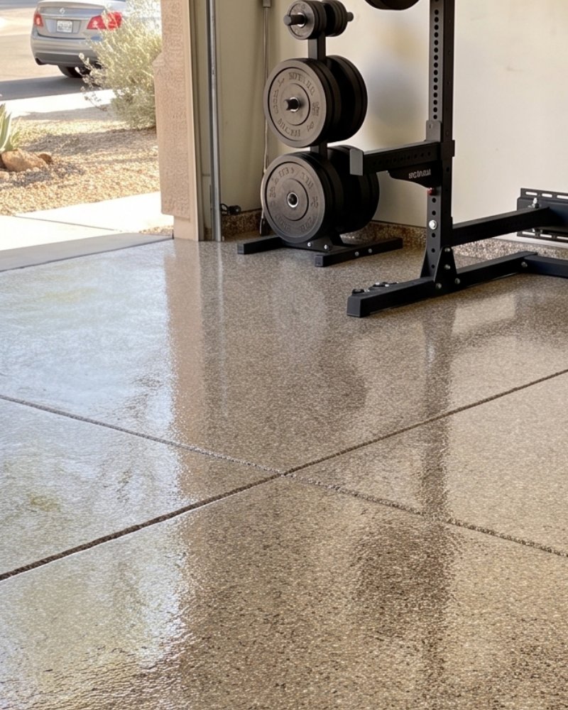 Epoxy flake floor finish in a garage gym