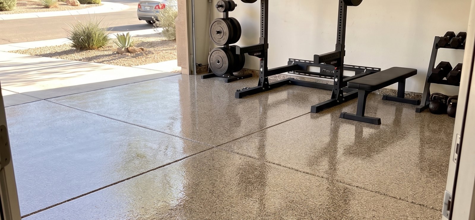 Cabin Fever epoxy flake floor in a garage gym