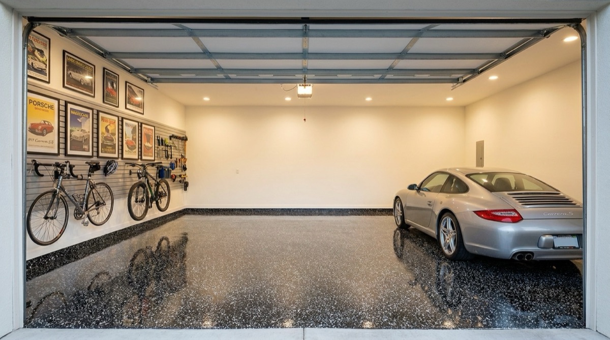 Domino black and white flake epoxy garage floor