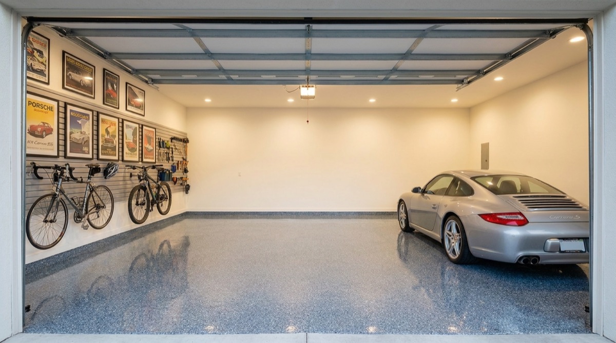 Smokey Blue flake epoxy garage floor